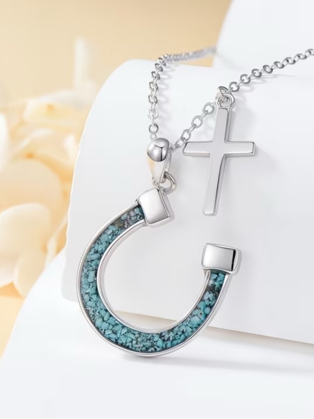 Western Turquoise Inlay Horseshoe Pendant & Cross Necklace - Picture 2 of 4